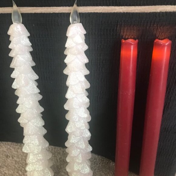 2 Pair Taper Candles Battery Operated Tree Shaped White With Glitter, Red Taper - Picture 1 of 2